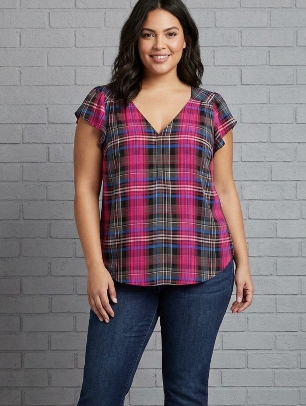 Torrid Pink Plaid V-Neck Flutter Sleeve Blouse Size 1
